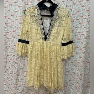 Free People Cream & Navy Blue Backless Lace Dress